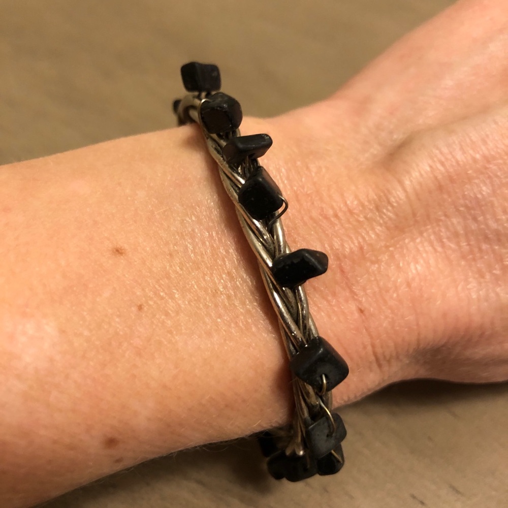 Black Stone and Silver Tone Braided Wire Bracelet